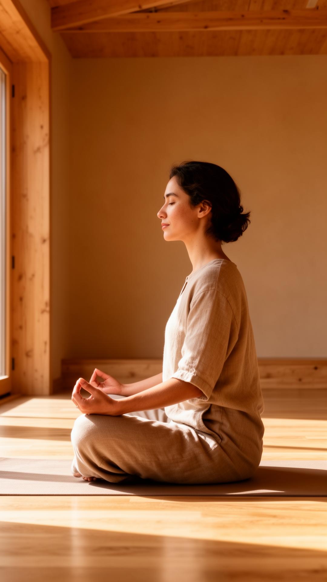 A person meditating in a sunlit wooden studio
