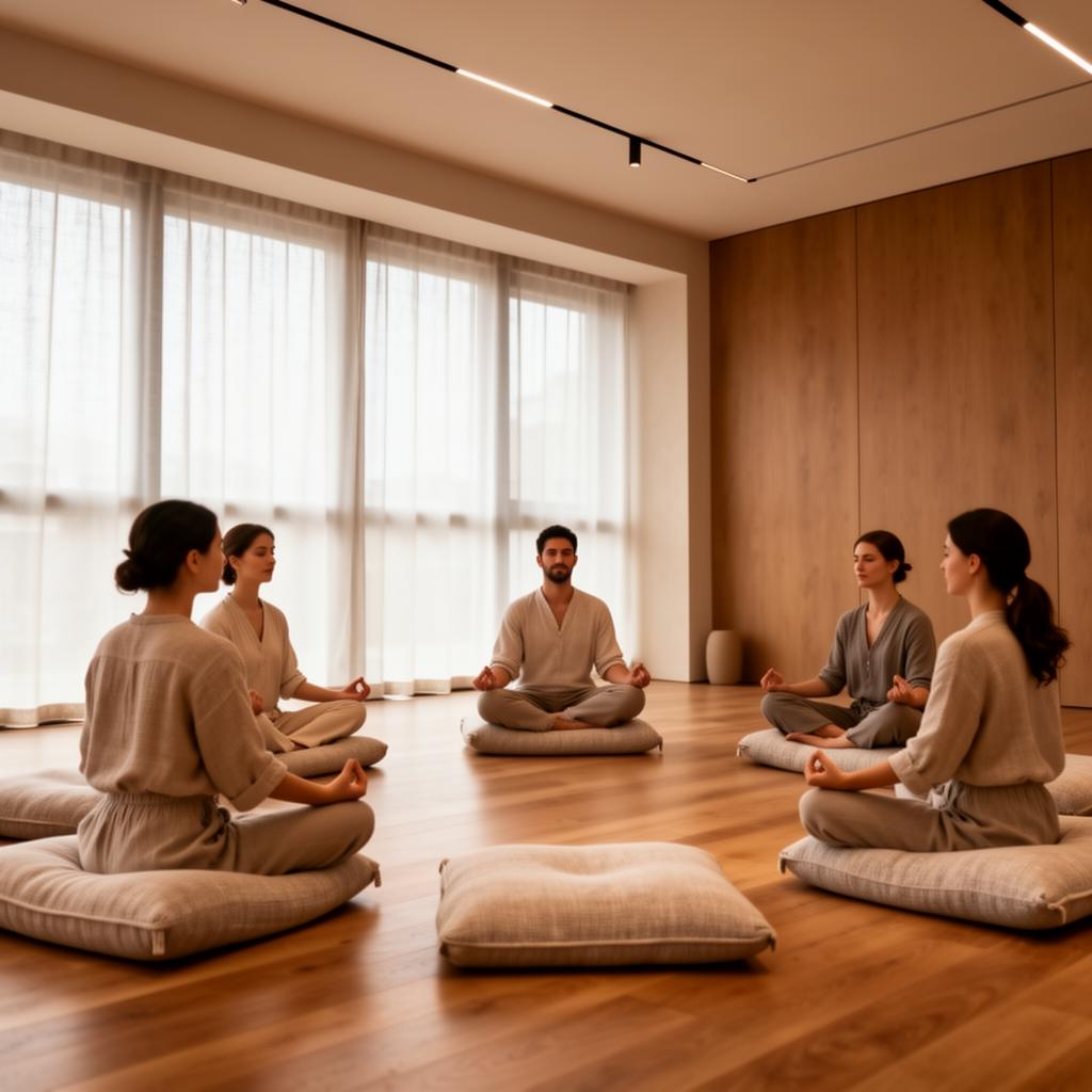 A small group meditation session in a calm wellness studio