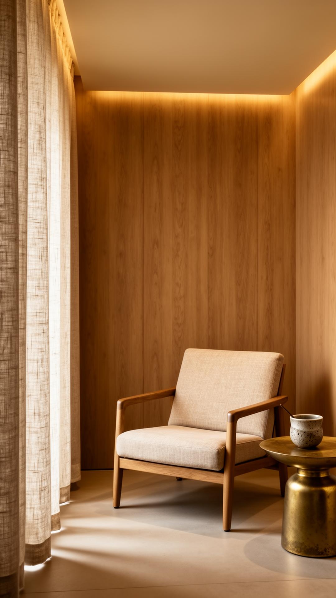 Calm wellness interior with warm wood and soft linen